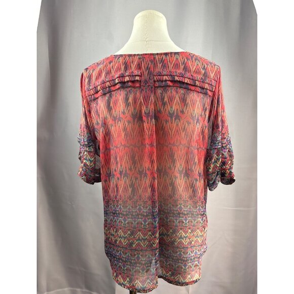 Skies Are Blue Womens V-Neck Blouse Medium Petite Multicolor Sheer 3/4 Sleeve Po - Picture 3 of 5